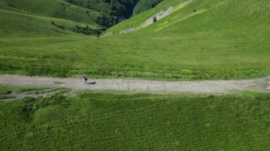 Romanya 'nın Karpat Dağları' nda yürüyüş yapan bir kadın turist Bucegi Doğal Parkı manzarasının keyfini çıkarıyor. Drone seyahati sırasında bir kadını takip ediyor. Dişi gezgin.
