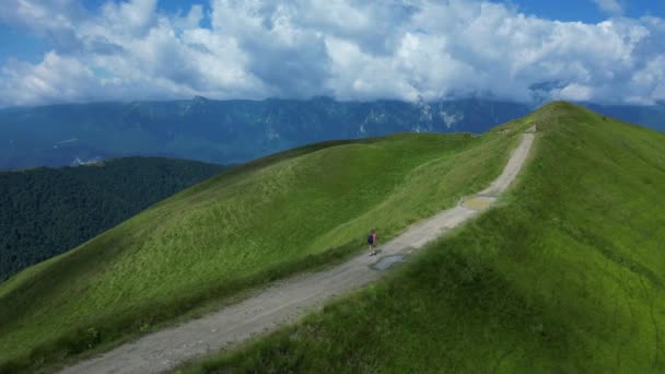 Una Turista Está Haciendo Senderismo Las Montañas Cárpatos Rumania Disfrutando — Vídeo de stock