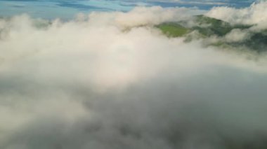 Karpatlar, bulutlu bir yaz gününde sisli bir atmosferde hava aracı görüntüleriyle ele geçirildi. Azuga, Romanya.