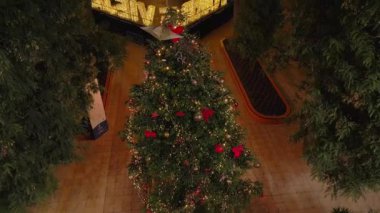 Ana meydanda süslenmiş ve aydınlatılmış bir Noel ağacı duruyor. Noel havası. İHA görüntüleri ağacın etrafında uçuşuyor. Torrevieja, İspanya.