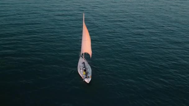Weiße Segelboot Jacht Mit Rosa Segeln Schwimmt Auf Ruhigen Türkisfarbenen — Stockvideo