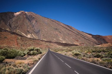 El Teide Ulusal Parkı 'na giden yol, Tenerife, Kanarya Adaları, İspanya. Volkanik kuru arazi. Volkanik manzaralı yol.