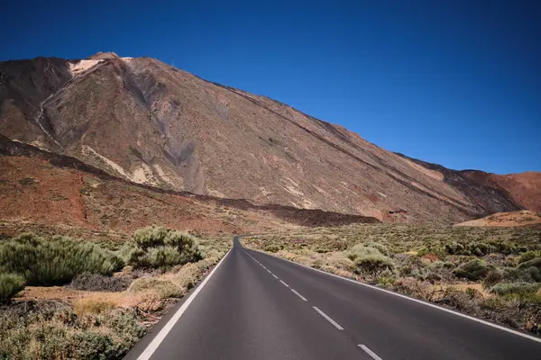Road to mount El Teide National Park, Tenerife, Canary Islands, Spain. Volcanic dry landscape. Road with volcanic scenery.