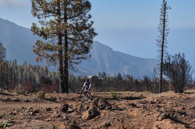 Çakıl yolunda çalışan bir bisikletçi. Taş yolda çakıl bisikleti süren formda bir bisikletçi. İspanya 'nın Tenerife Adası' ndaki dağları görüyor.