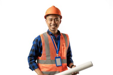 Müteahhit ya da madenci. Gülümsüyor, başarıyı kutluyor. Taslak kağıt. Endüstriyel izole edilmiş beyaz