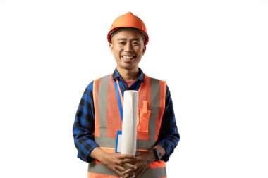 Müteahhit ya da madenci. Gülümsüyor, başarıyı kutluyor. Taslak kağıt. Endüstriyel izole edilmiş beyaz