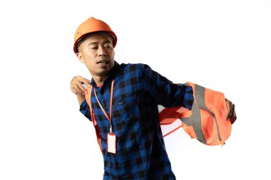 Müteahhit ya da madenci. Kendine güvenen ve çalışmaya hazır. Endüstriyel izole edilmiş beyaz