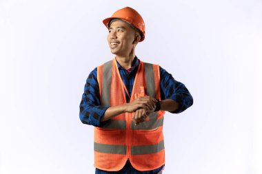 Müteahhit ya da madenci. Kendine güvenen ve çalışmaya hazır. Endüstriyel izole edilmiş beyaz