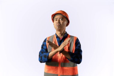 Müteahhit ya da madenci. Katılmıyorum, çapraz. Sanayi ve madencilik kavramları. izole edilmiş beyaz