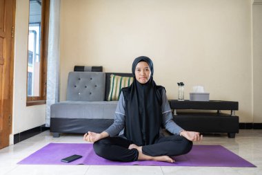 Evde yoga yapan genç Asyalı kadınlar, egzersiz, yoga egzersizi, akıl ve beden huzuru ile sağlıklı yaşam tarzı konsepti..
