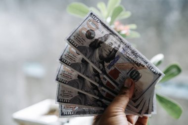 ABD dolarlarını sayan genç erkek eller, doğa arka planında izole edilmiş..