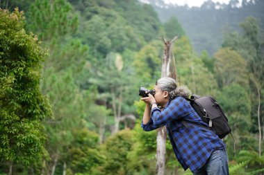 Erkek profesyonel fotoğrafçı ormanda yürürken doğal manzaranın fotoğraflarını çekiyor, seyahat konsepti.