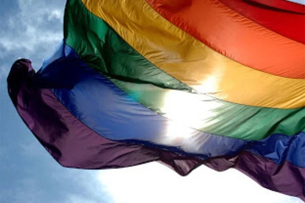 LGBT 'nin gökkuşağı bayrakları ve açık mavi gökyüzüne karşı rüzgarda dalgalanan dalgalar. Çeşitliliğin ve gururun sembolü.