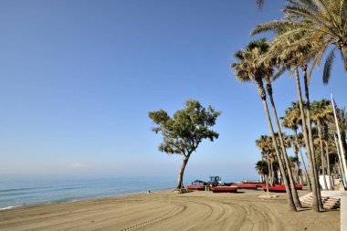 Marbella kumsalında kayıklar ve barbekü partileri.