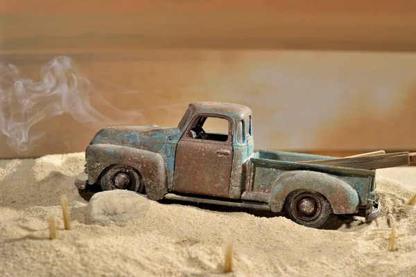 toy truck mockup on the beach with the engine smoking