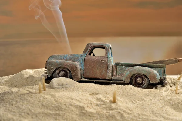 toy truck mockup on the beach with the engine smoking