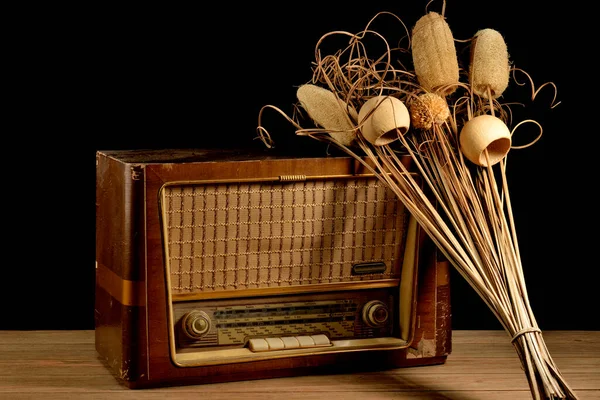 vintage radio on wooden table with decorative plant