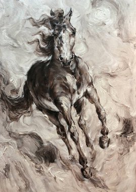 Koşan bir atın yağlı boya tablosu, modern sanat, güzel bir portre.