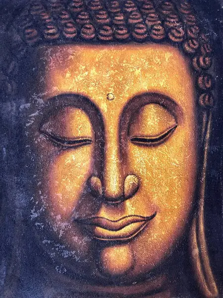 Buddha 'nın yüzü, altın rengi gözleri, yağlı boya tablosu.