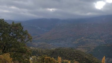 Une vallee dans les alpes francases on automne, la vallee du Jabron, avec des arbres aux feuilles jaunes et portakal, l 'herbe encore verte et un ciel nuageux.