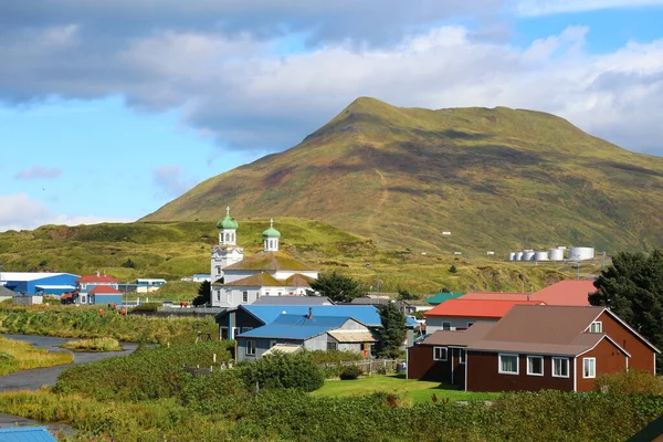 stock image Alaska, view of Dutch Harbor in the centre the Church of the Holy Ascension  