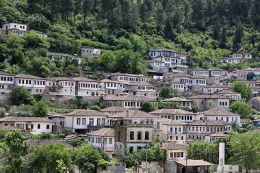 Berat- the City of a Thousand Windows-View of the old town of Gorica, Albania   clipart