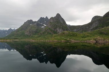 Mountains reflected in the water of the Trollfjord, Norway clipart