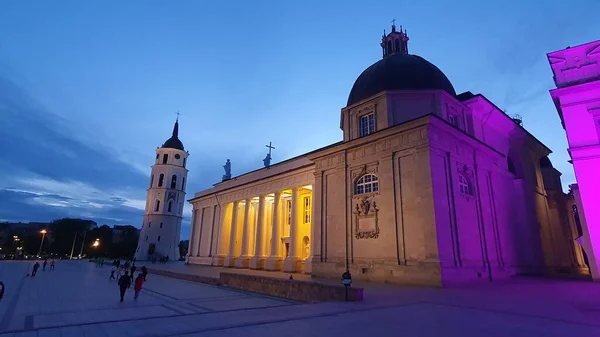Vilnius Katedrali gün batımından sonra ışıklarla aydınlandı. Litvanya 'daki Vilnius Katedrali Meydanı' nda alacakaranlıkta koyu mavi gökyüzü. Mayıs 2023.