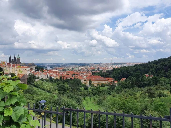 Bulutlu bir yaz öğleden sonrasında Prag 'ın (Çek) Skyline manzarası. Geniş, gür bahçeler. Kırmızı çatılar. St. Vitus Katedrali uzaktan görülebilir. Temmuz 2021.