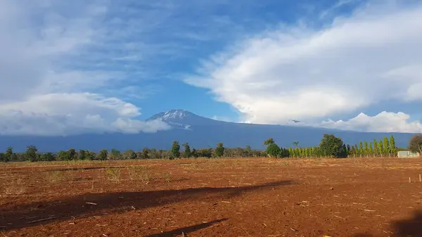 Kilimanjaro Dağı ufukta, ön planda çıplak kahverengi kara parçalarıyla duruyordu. Arusha, Tanzanya. Aralık 2022.