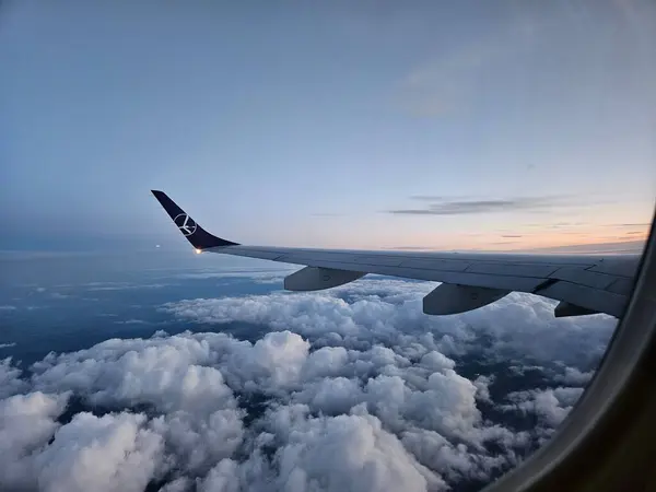 Bahar akşamı, uçuş sırasında kabarık bulutlar bir uçak penceresinden görüldü. LOT Polonya Havayolları logosu kanatta.
