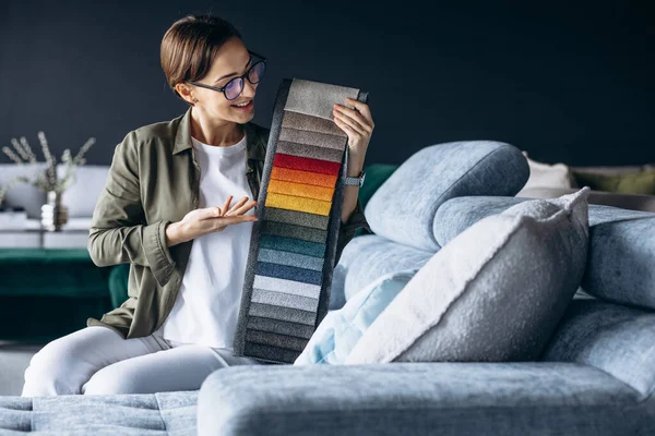 Woman Designer Furniture Store Looking Textile Swatch — Stock Photo, Image