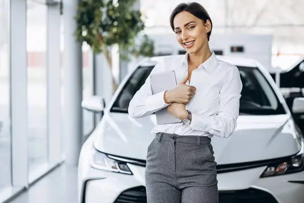 Young Saleswoman Tablet Car Showroom — Stock Photo, Image