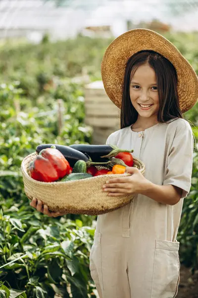 Chica Joven Con Cesta Llena Verduras Pie Invernadero — Foto de Stock