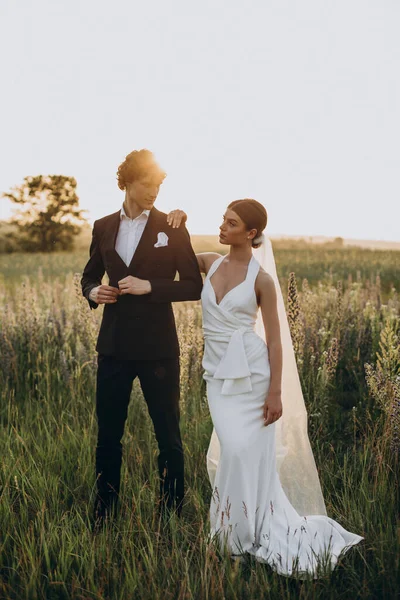 Unga Bröllop Par Tillsammans Fält — Stockfoto