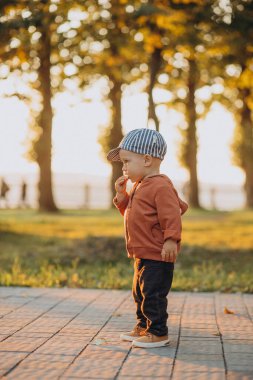 Sonbahar parkında küçük şirin bir çocuk.
