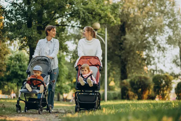 Twee Vriendinnen Lopen Met Kinderwagens Hun Kinderen Het Park — Stockfoto