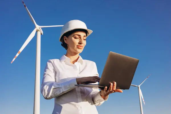 Woman Having Conference Online Laptop Field Windmill Turbines — Stock Photo, Image