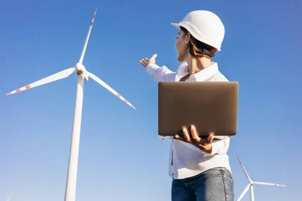 Woman Having Conference Online Laptop Field Windmill Turbines — Stock Photo, Image