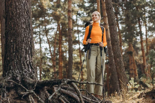 Escursioni Donna Con Bastoni Passeggio Nella Foresta Fermato Dall Albero — Foto Stock