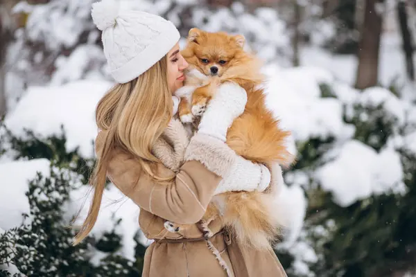 Kışın Köpekli Kadın — Stok fotoğraf