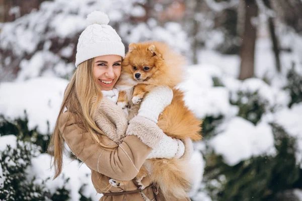 Kışın Köpekli Kadın — Stok fotoğraf