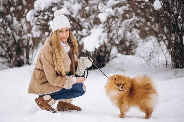 Frau Mit Hund Winter — Stockfoto