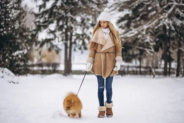 Kvinna Med Hund Vintern — Stockfoto