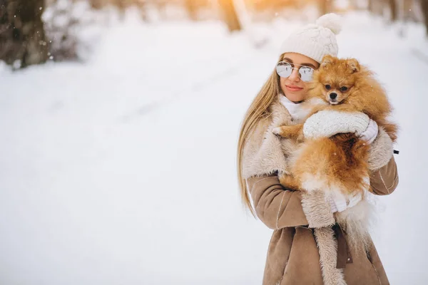 Vrouw Met Hond Winter — Stockfoto