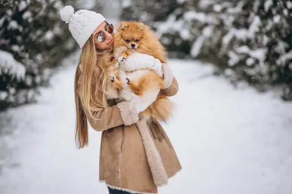 Frau Mit Hund Winter — Stockfoto