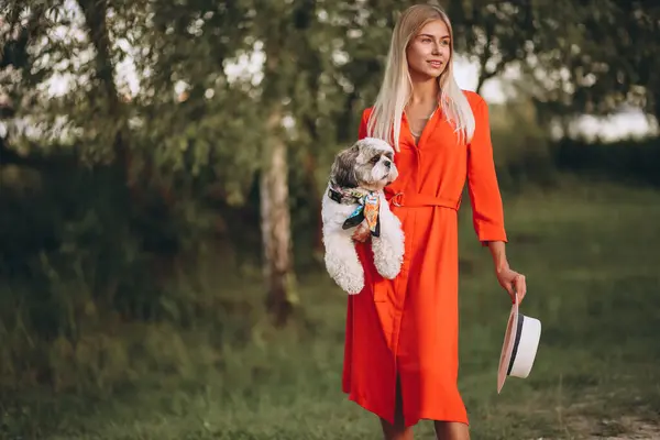 Mooie Vrouw Met Haar Schattige Hond Vakantie — Stockfoto