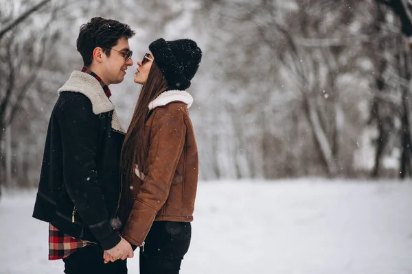 Sevgililer Günü Nde Kış Ormanda Çift — Stok fotoğraf