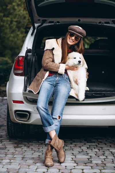 Woman Dog Car — Stock Photo, Image