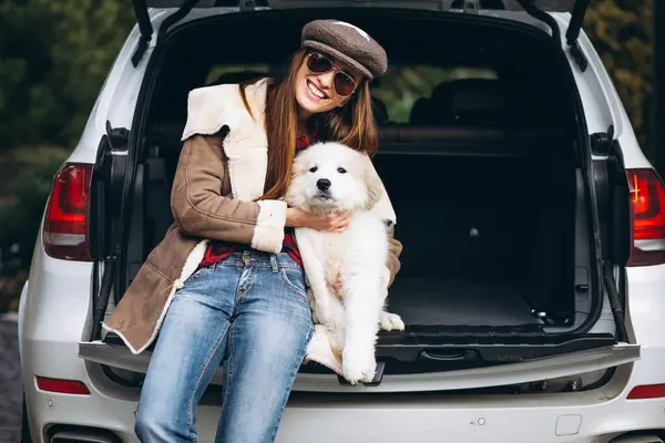 Vrouw Met Hond Auto — Stockfoto